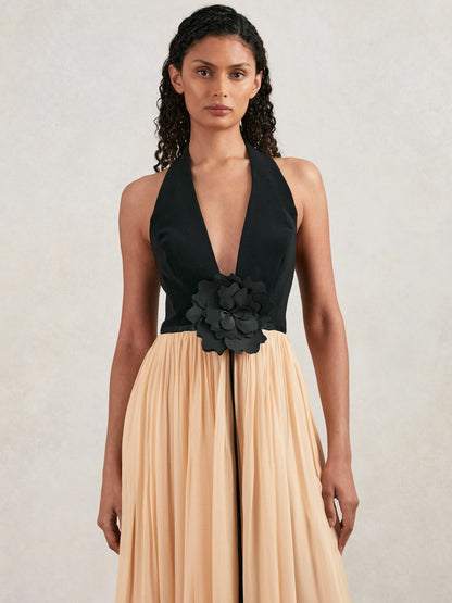 Reiss Halston Crepe and Chiffon Maxi Dress in Black/Ivory