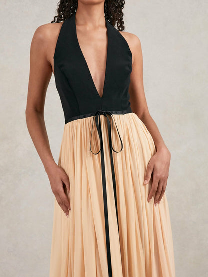 Reiss Halston Crepe and Chiffon Maxi Dress in Black/Ivory