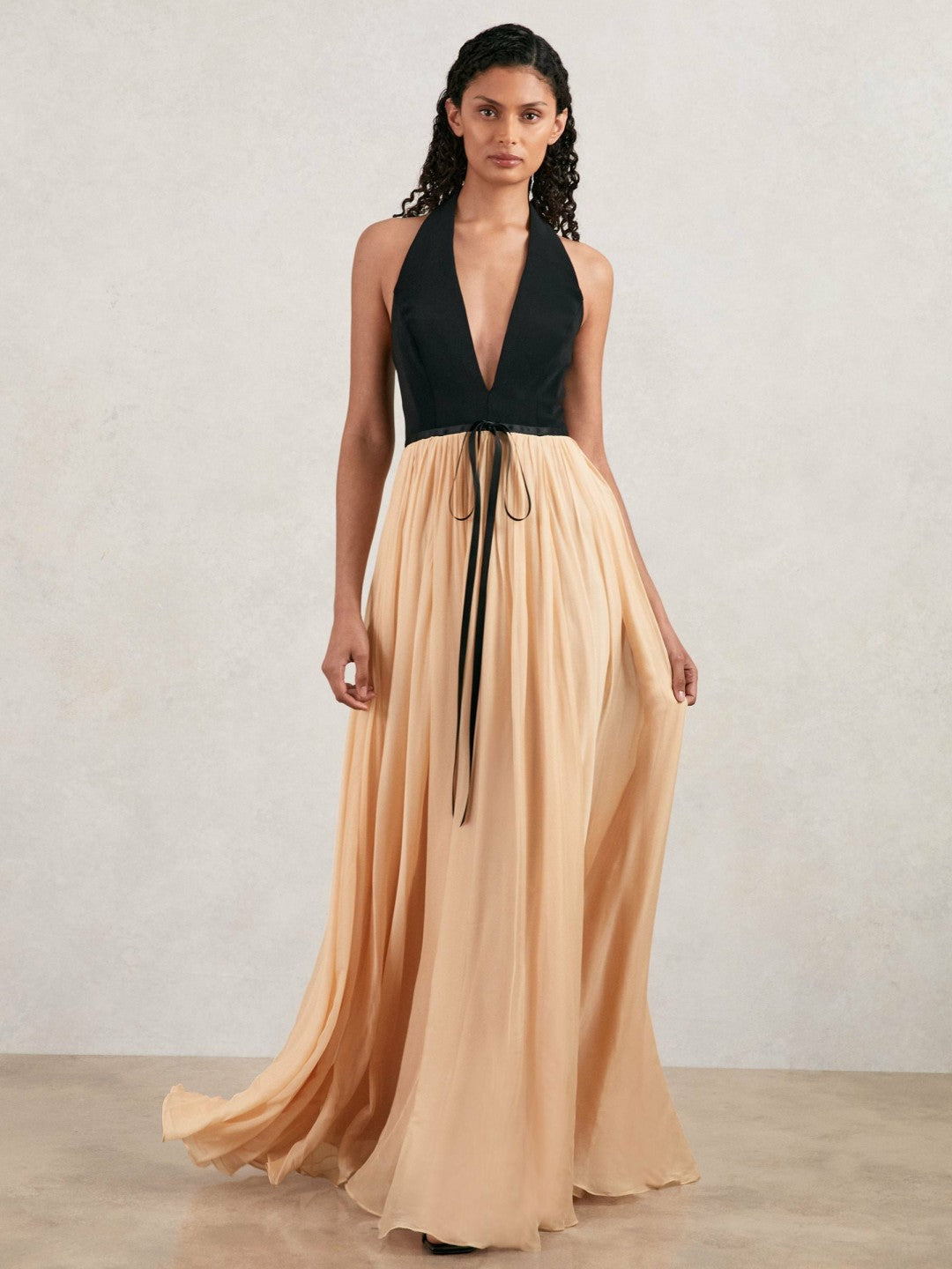Reiss Halston Crepe and Chiffon Maxi Dress in Black/Ivory