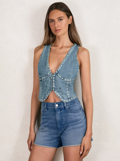 Reiss Studded Denim Vest in Indigo Blue