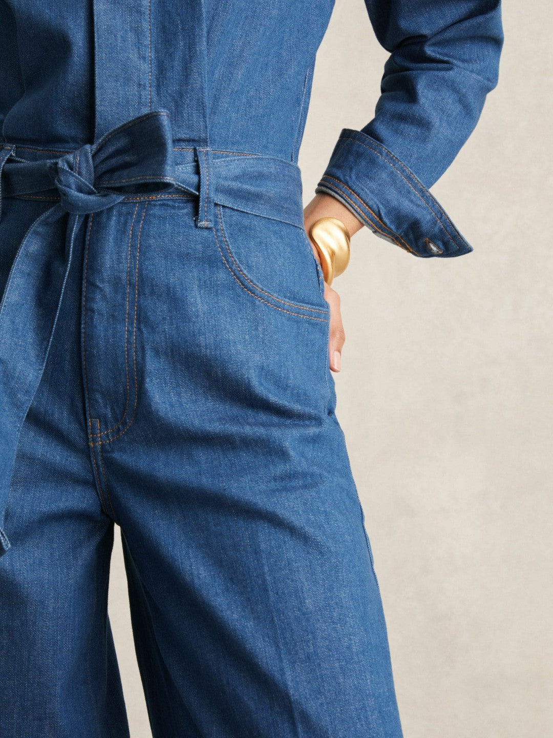 Reiss Paige Maraya Blue Wide Leg Belted Denim Jumpsuit in Maraya Blue