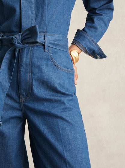 Reiss Paige Maraya Blue Wide Leg Belted Denim Jumpsuit in Maraya Blue