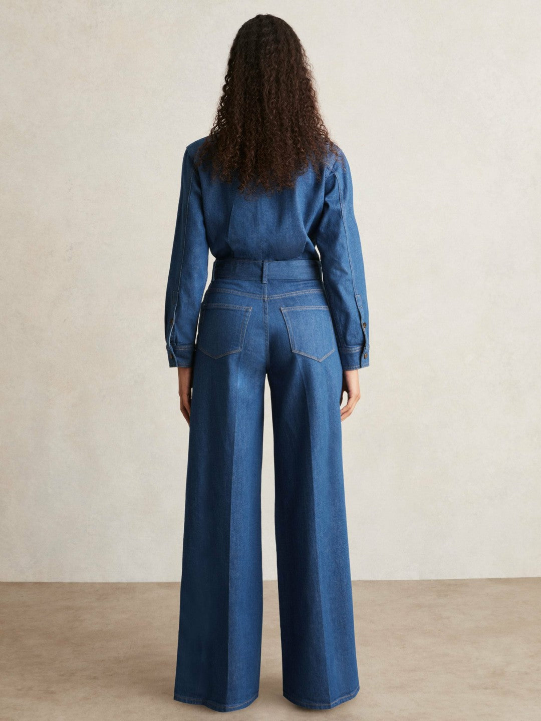 Reiss Paige Maraya Blue Wide Leg Belted Denim Jumpsuit in Maraya Blue