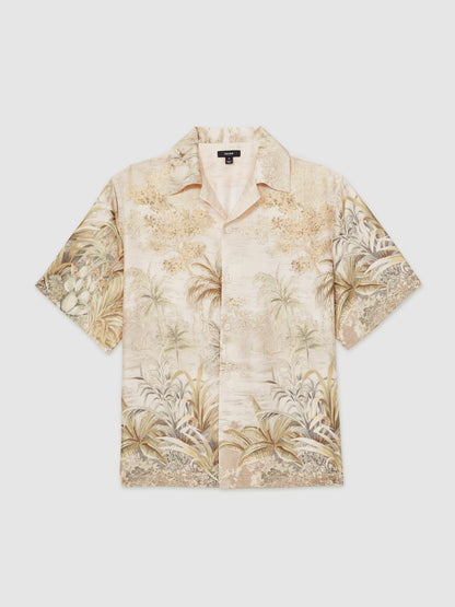 Reiss Jungle Print Cuban-Collar Shirt in Soft Sage Green