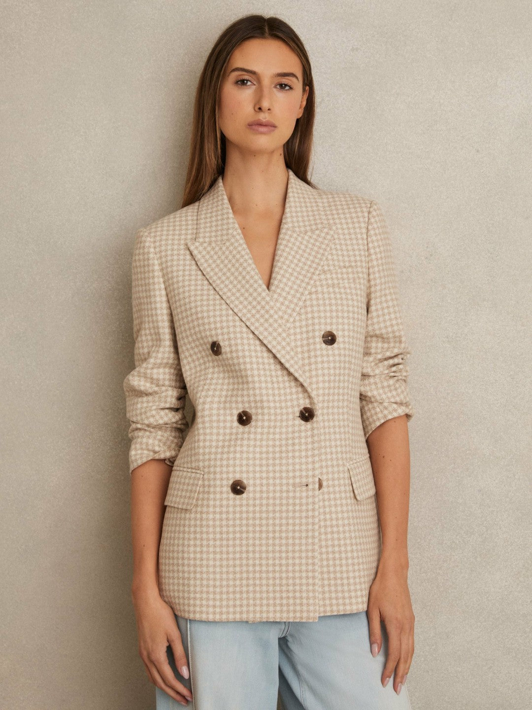 Reiss Petite Double Breasted Check Blazer With Wool in Neutral Check