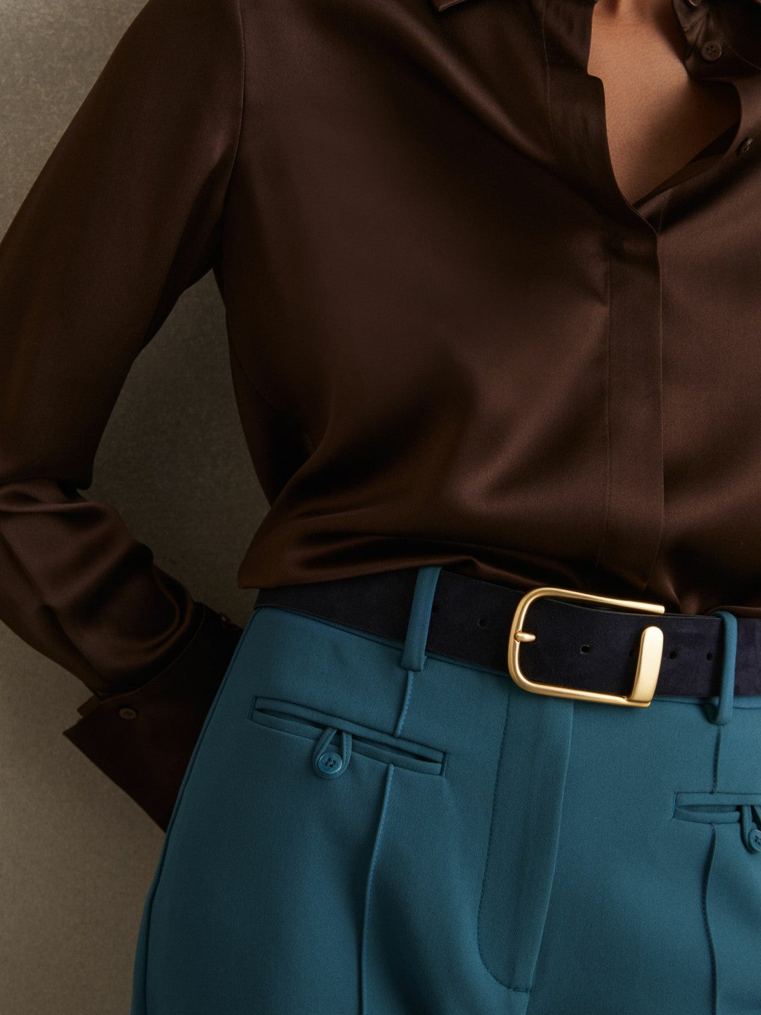 Reiss Leather Half Keeper Belt in Navy