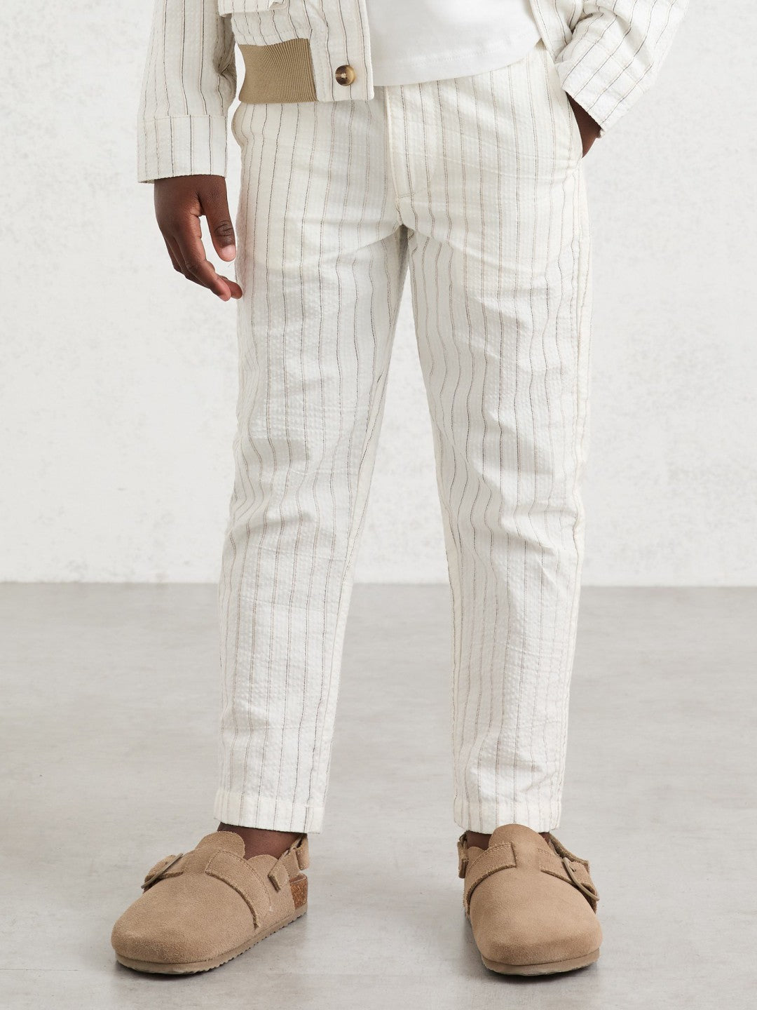 Reiss 9-13 yrs Cotton Pinstripe Trousers Regular-Fit in Off White/Taupe Brown