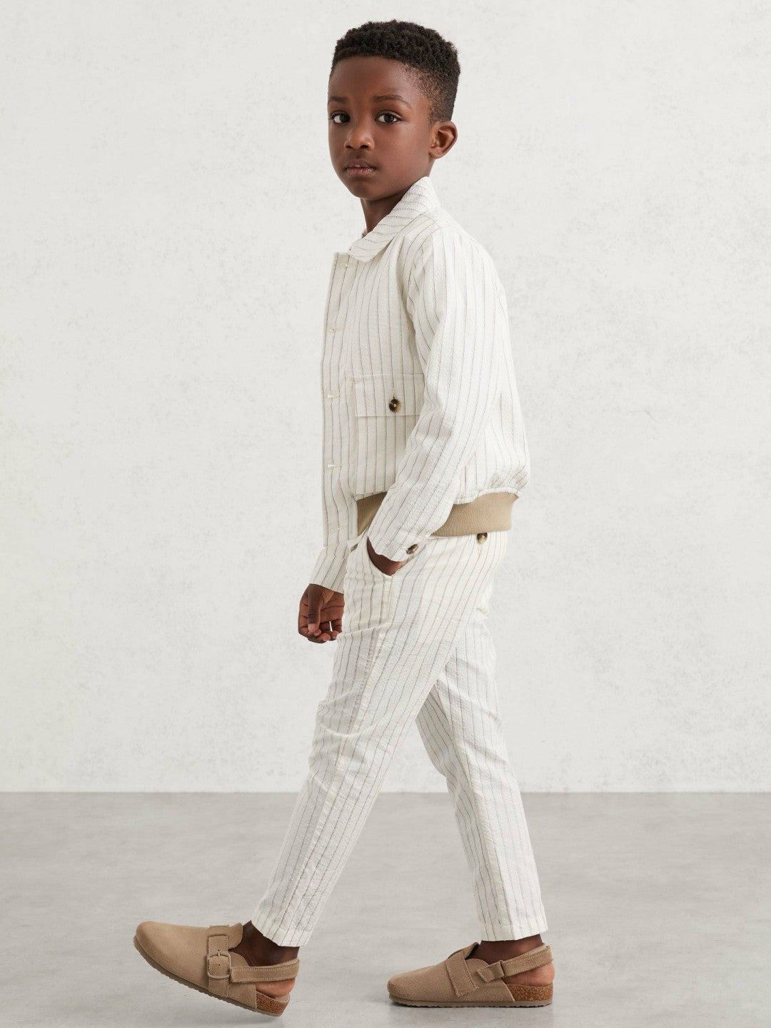 Reiss 9-13 yrs Cotton Pinstripe Trousers Regular-Fit in Off White/Taupe Brown