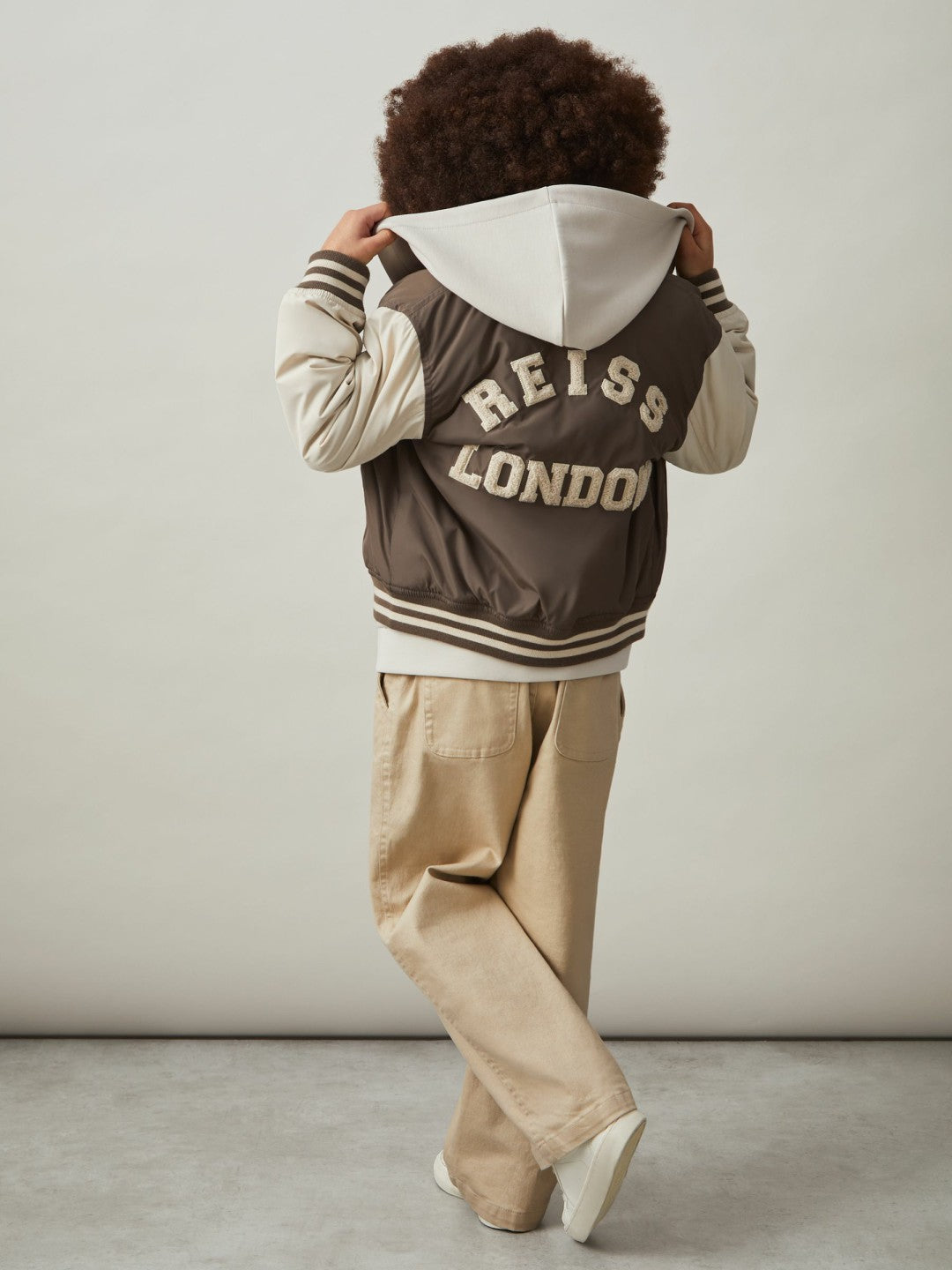 Reiss 9-13 yrs Colour-Block Varsity Bomber Jacket in Mink Brown/Off White
