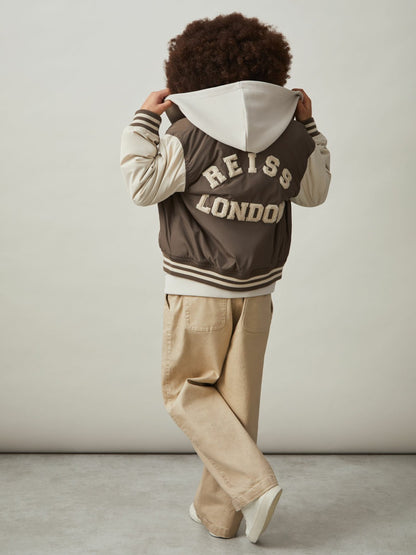 Reiss 9-13 yrs Colour-Block Varsity Bomber Jacket in Mink Brown/Off White