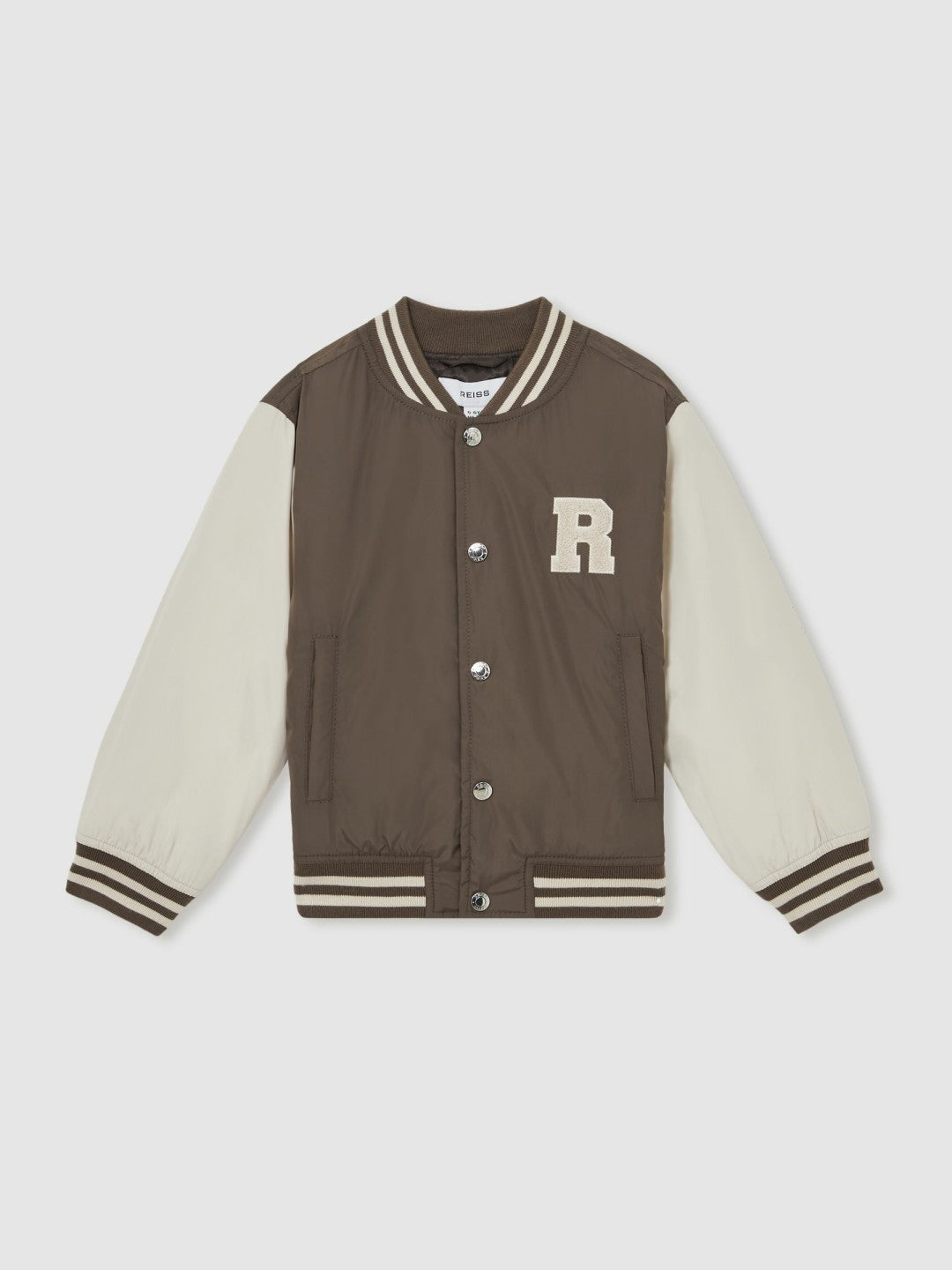 Reiss 9-13 yrs Colour-Block Varsity Bomber Jacket in Mink Brown/Off White