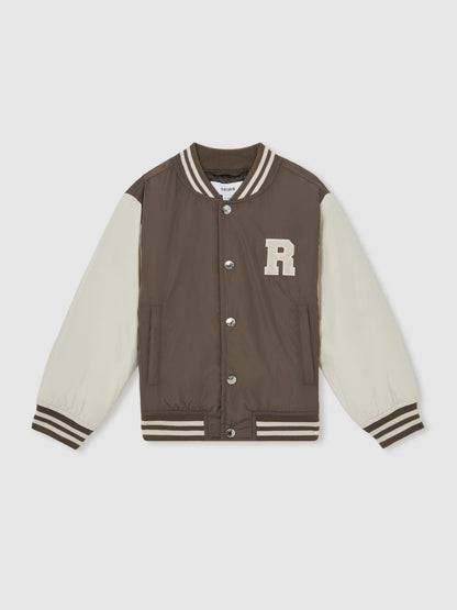 Reiss 9-13 yrs Colour-Block Varsity Bomber Jacket in Mink Brown/Off White