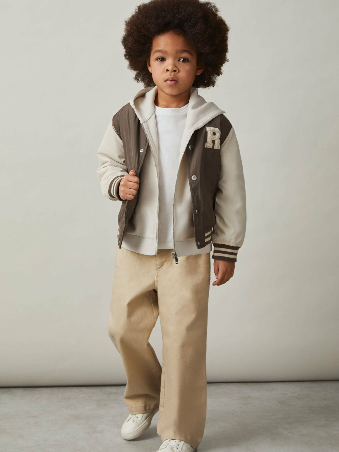Reiss 9-13 yrs Colour-Block Varsity Bomber Jacket in Mink Brown/Off White