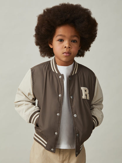 Reiss 9-13 yrs Colour-Block Varsity Bomber Jacket in Mink Brown/Off White