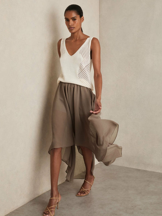Reiss Sheer-Overlay High-Low Shorts in Mink Neutral