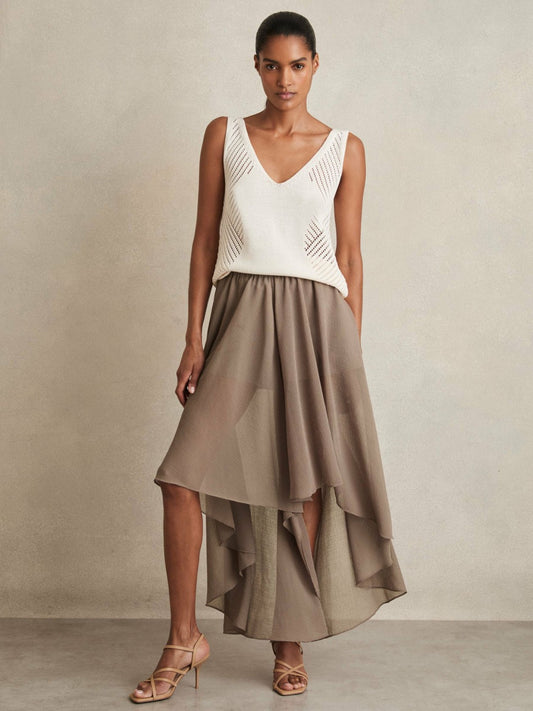 Reiss Petite Sheer-Overlay High-Low Shorts in Mink Neutral