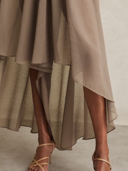 Reiss Petite Sheer-Overlay High-Low Shorts in Mink Neutral