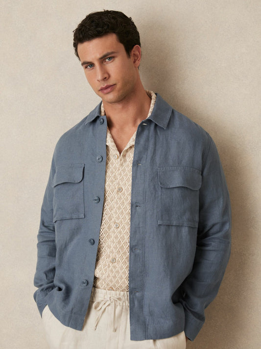 Reiss Linen Twin-Pocket Overshirt in Airforce Blue