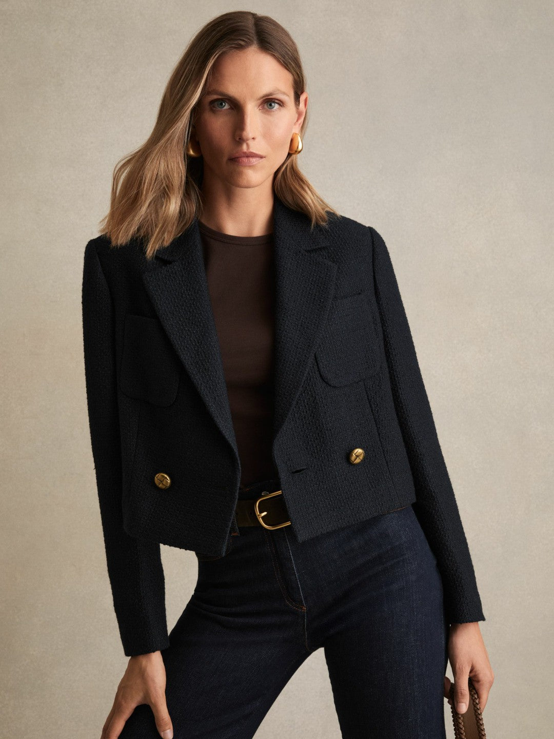 Reiss Double-Breasted Textured Cropped Blazer with Wool and Cotton in Navy