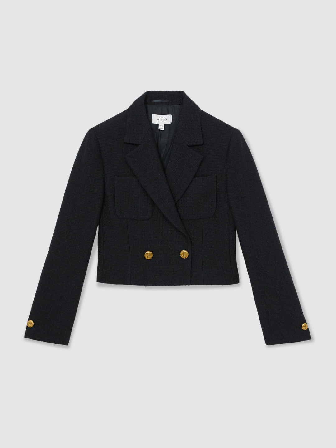 Reiss Double-Breasted Textured Cropped Blazer with Wool and Cotton in Navy