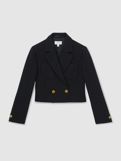 Reiss Double-Breasted Textured Cropped Blazer with Wool and Cotton in Navy