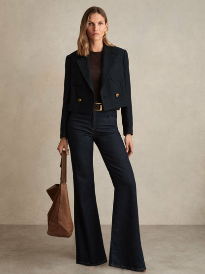 Reiss Double-Breasted Textured Cropped Blazer with Wool and Cotton in Navy