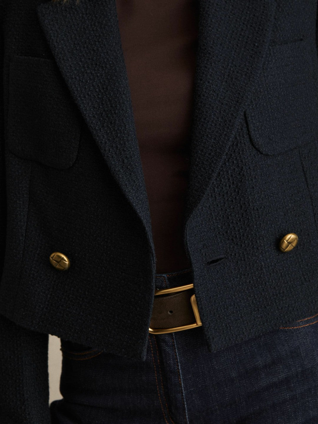Reiss Double-Breasted Textured Cropped Blazer with Wool and Cotton in Navy