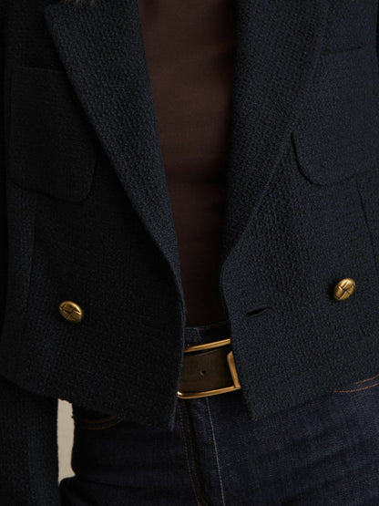 Reiss Double-Breasted Textured Cropped Blazer with Wool and Cotton in Navy