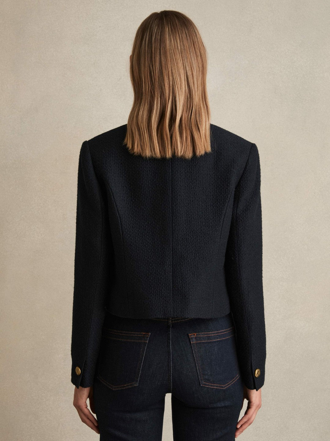 Reiss Double-Breasted Textured Cropped Blazer with Wool and Cotton in Navy