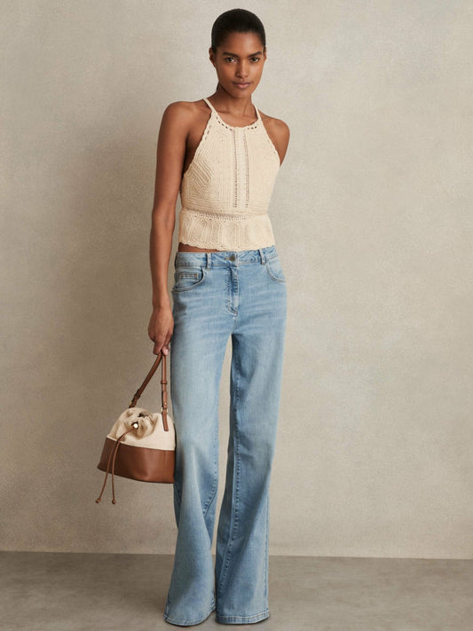Reiss Cotton Crochet Tie-Back Cropped Top in Cream