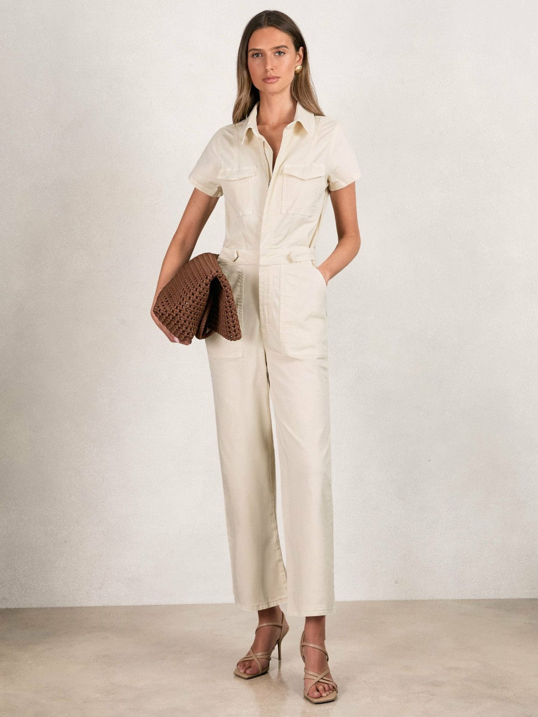 Reiss Good American Cotton Twill Jumpsuit with Stretch in Ecru