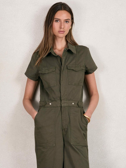 Reiss Good American Cotton Twill Jumpsuit with Stretch in Khaki