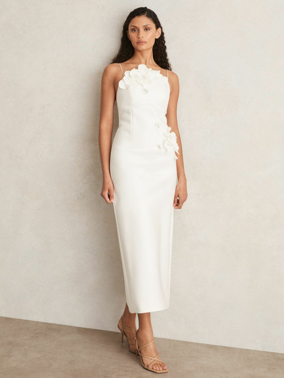 Reiss Acler Ivory Petal Detail Fitted Midi Dress in Ivory