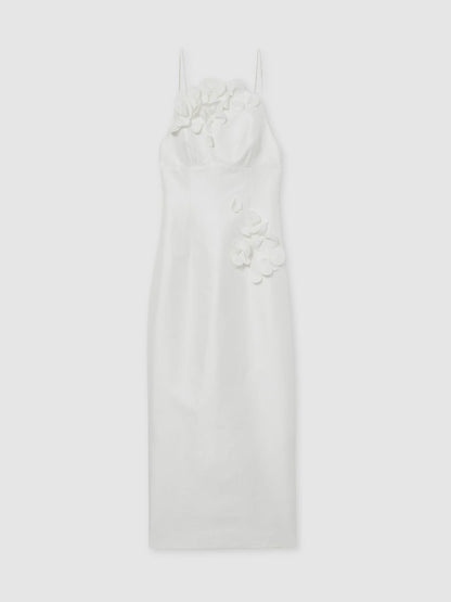 Reiss Acler Ivory Petal Detail Fitted Midi Dress in Ivory