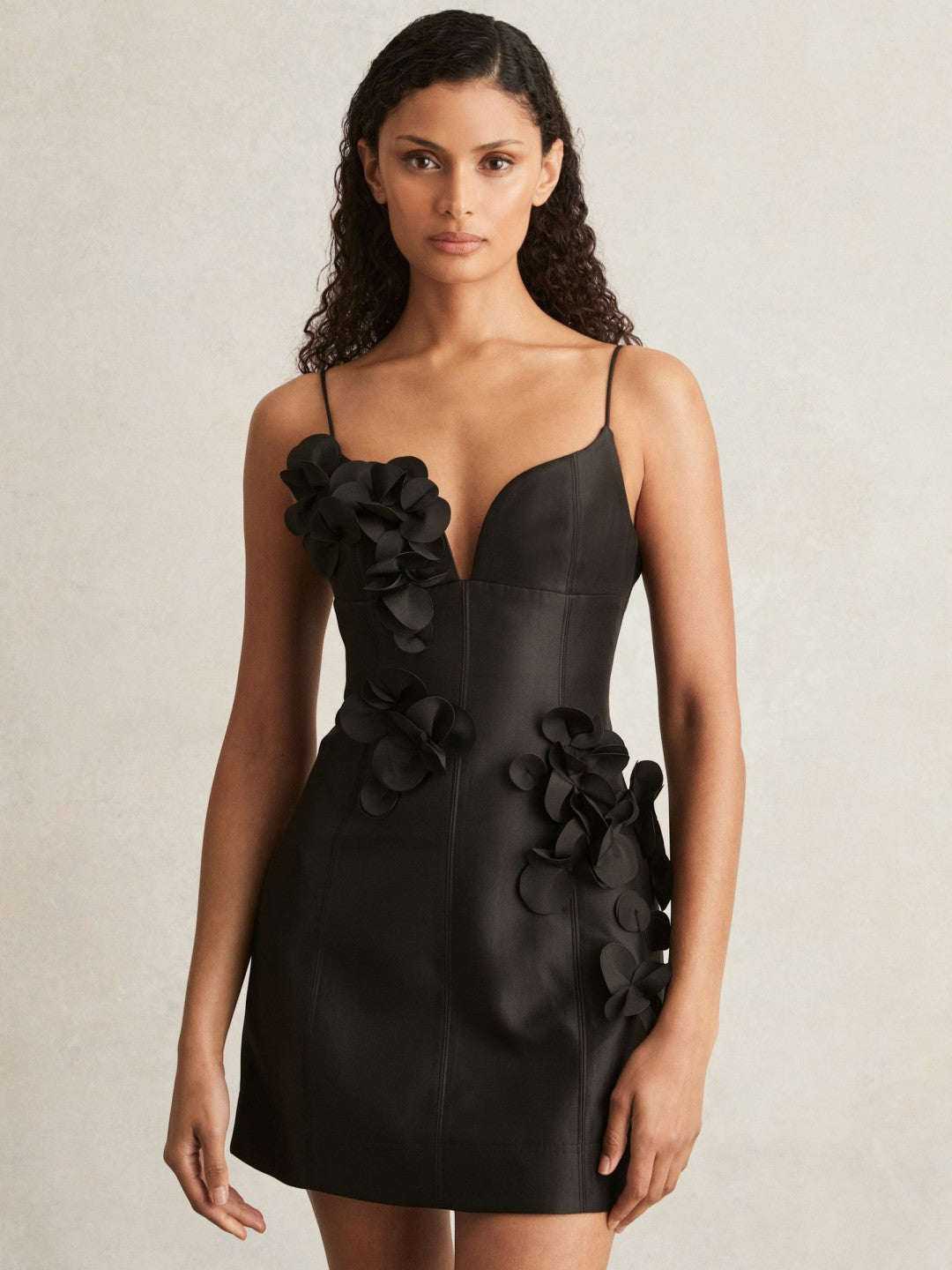 Reiss Acler Petal Detail Fitted Mini Black Dress in Black