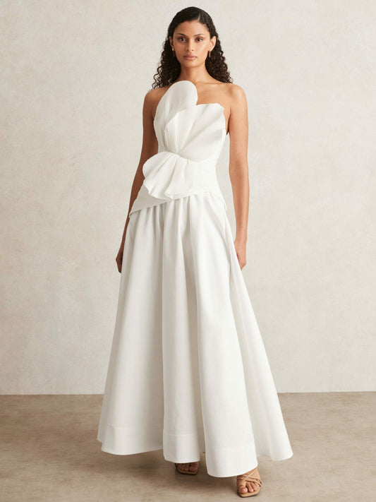 Reiss Acler Ivory Plissé Fan Strapless Maxi Dress in Ivory