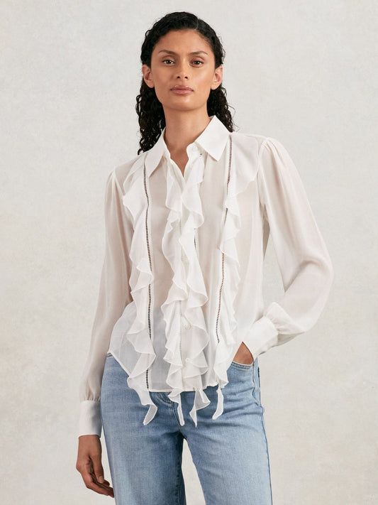 Reiss Paige Silk Georgette Ruffle Trim Shirt in White