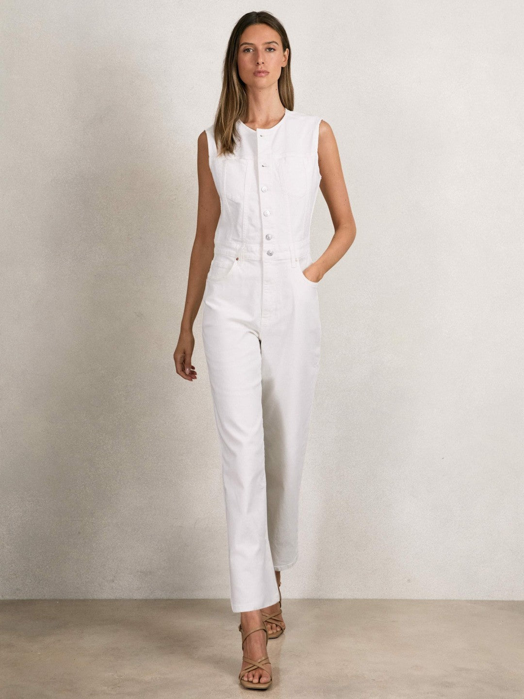 Reiss Paige Denim Straight Leg Jumpsuit in Ecru
