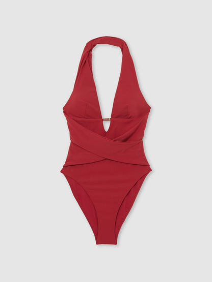 Reiss Plunge Halterneck Swimsuit in Dark Red