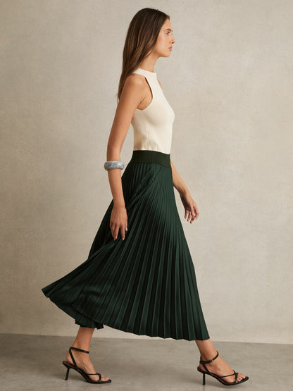 Reiss Pleated Midi Skirt in Dark Green