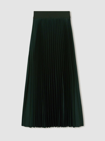 Reiss Pleated Midi Skirt in Dark Green