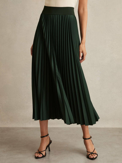 Reiss Pleated Midi Skirt in Dark Green