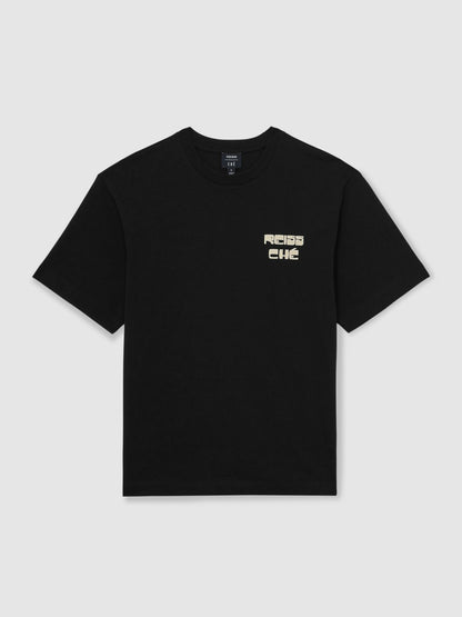 Reiss | Ché Cotton Palm-Print T-Shirt in Black