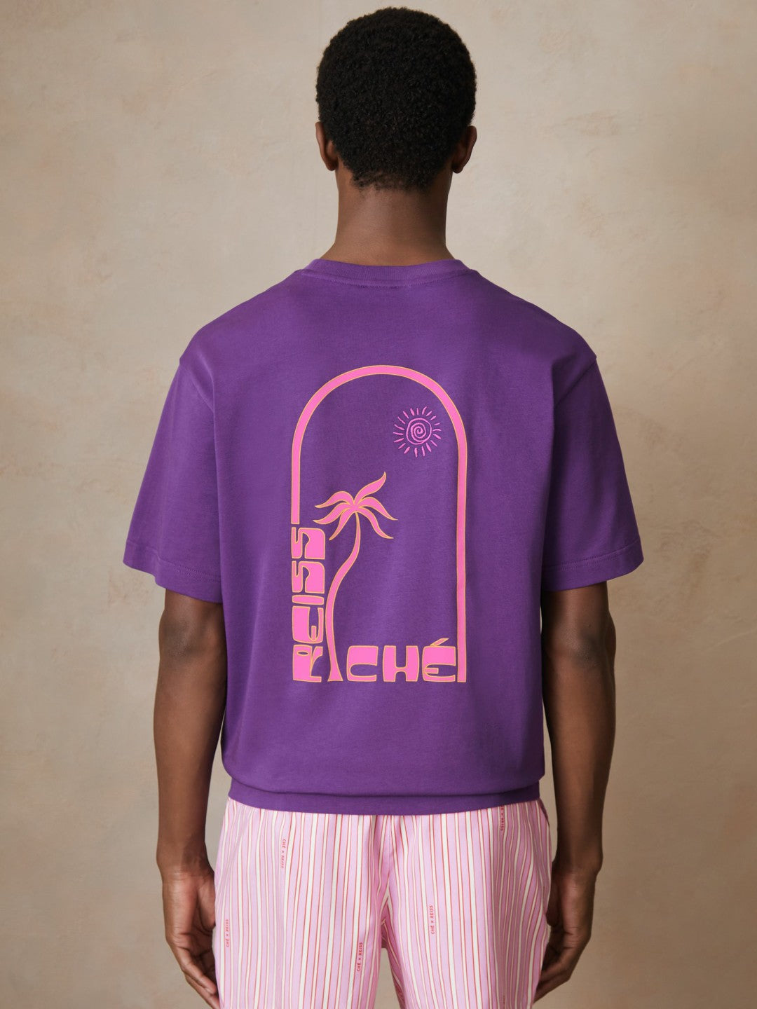 Reiss | Ché Cotton Palm-Print T-Shirt in Purple