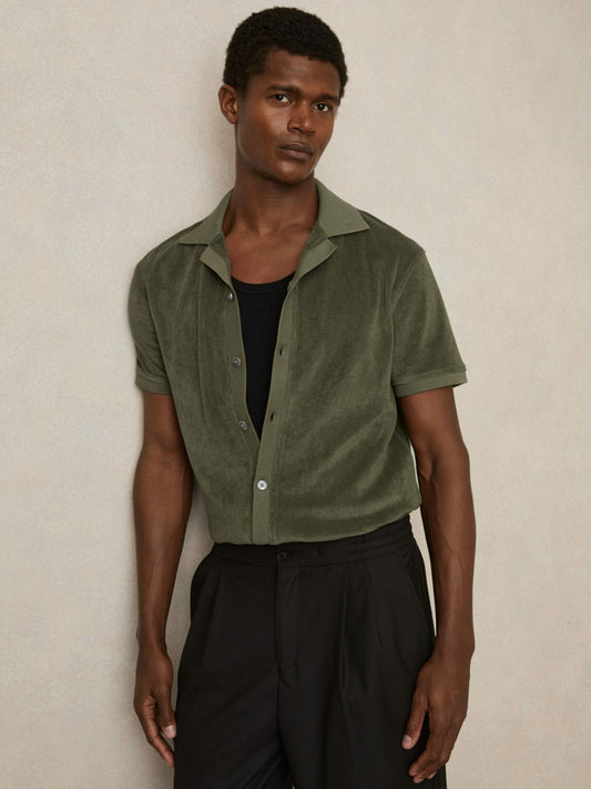 Reiss Cotton Blend Towelling Shirt in Green