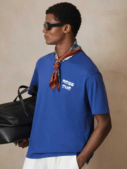 Reiss | Ché Cotton Palm-Print T-Shirt in Blue
