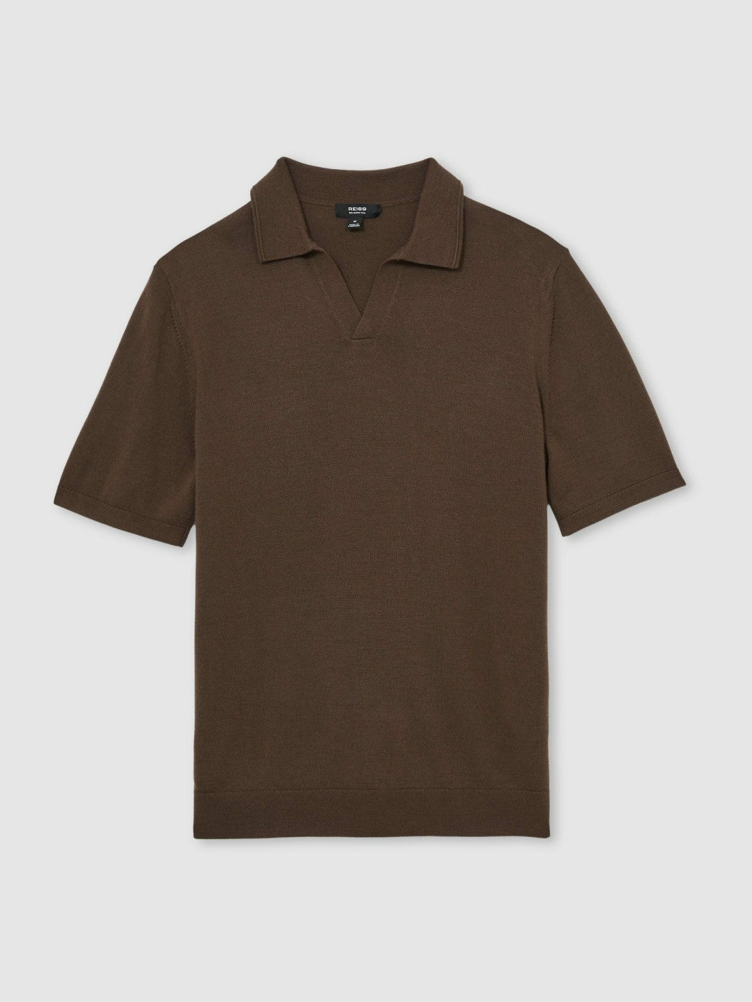 Reiss Merino Wool Open Collar Polo Shirt in Chocolate Brown