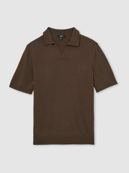 Reiss Merino Wool Open Collar Polo Shirt in Chocolate Brown