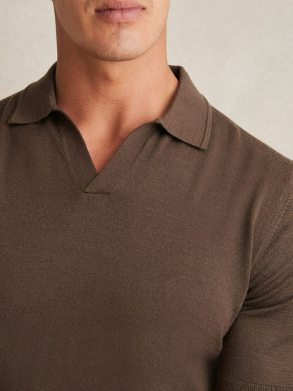 Reiss Merino Wool Open Collar Polo Shirt in Chocolate Brown