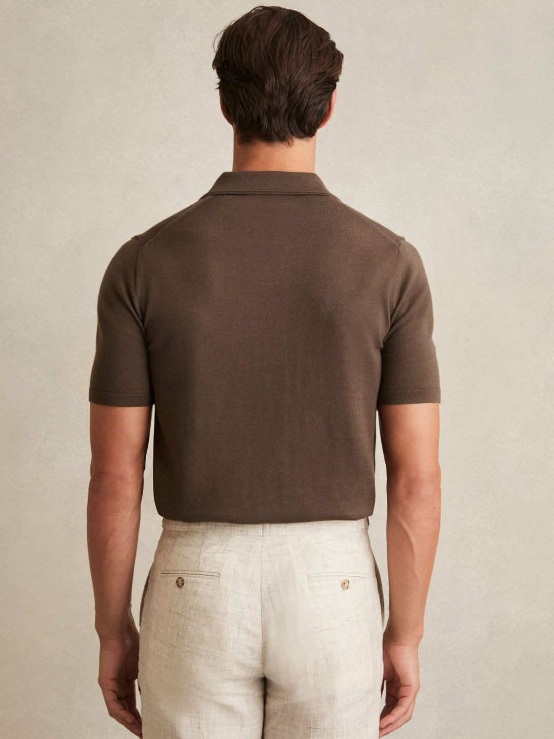 Reiss Merino Wool Open Collar Polo Shirt in Chocolate Brown